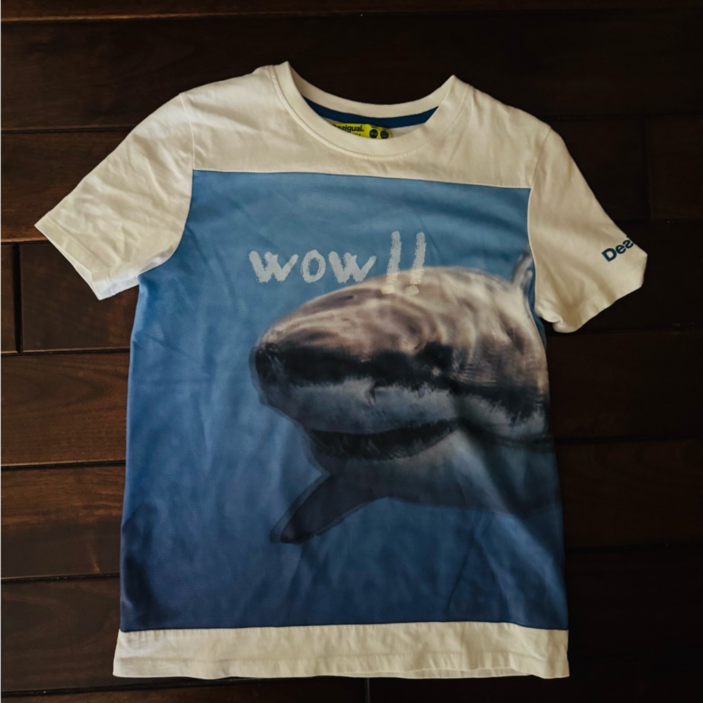 Desigual Boy’s White and Blue Shark Graphic Tee